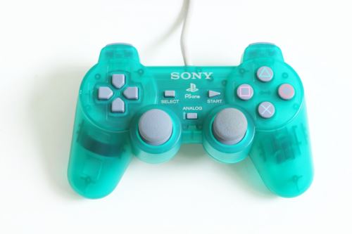 [PS1] Drôtový Ovládač Sony Dualshock - smaragdový priehľadný (estetická vada)