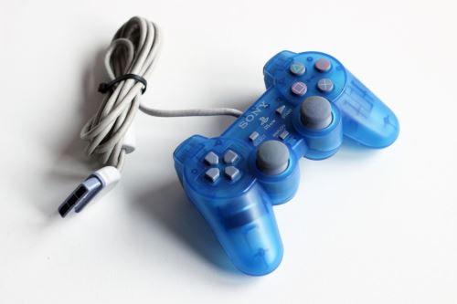 [PS1] Drôtový Ovládač Sony Dualshock - modrý priehľadný